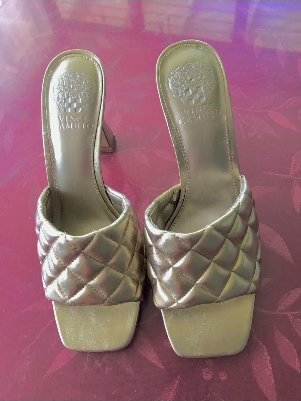 Vince Camuto Quilted Metallic Gold Slide Mules; 4” Heels